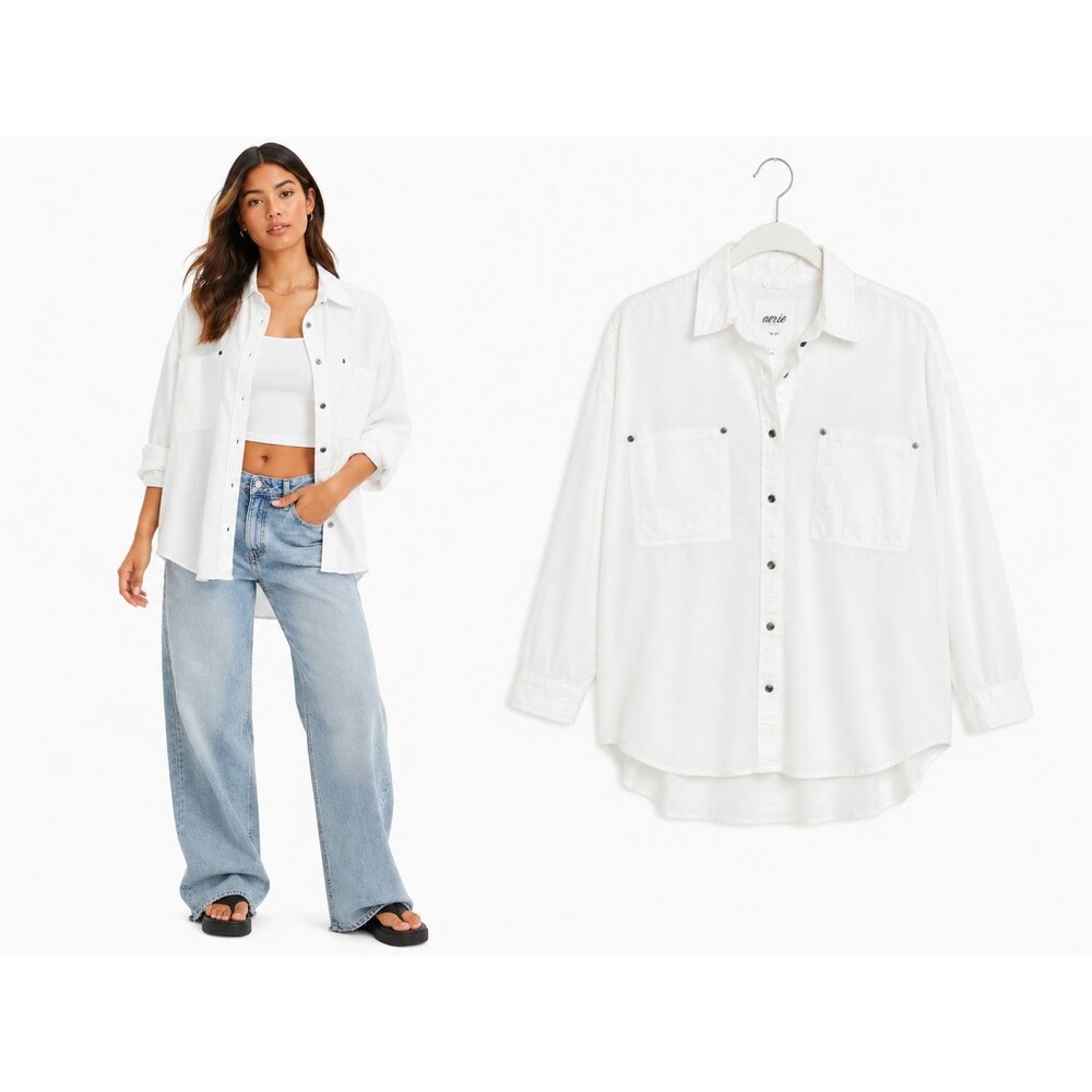 Aerie Anytime Fave Shirt Top Size Large White Oversized